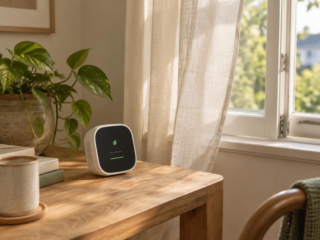 Medidor de calidad del aire sobre una mesa junto a una ventana entreabierta