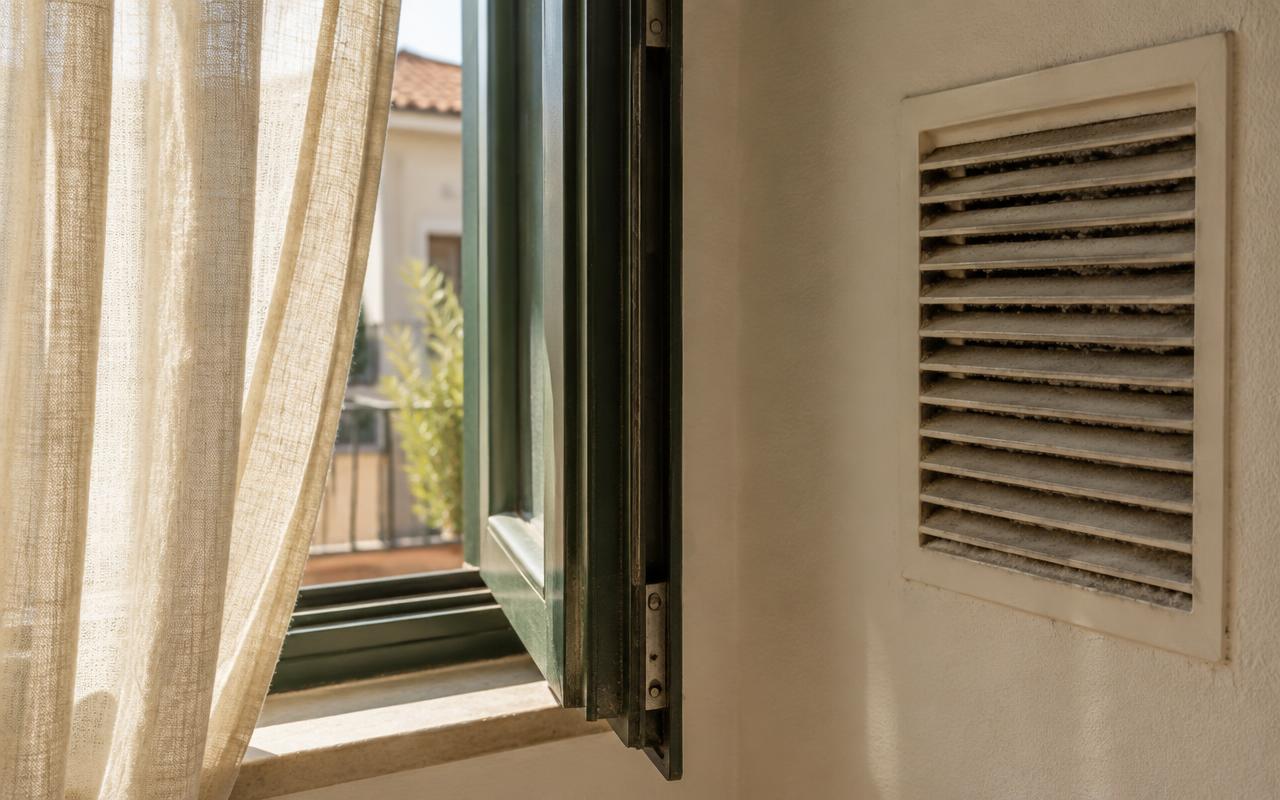 Primer plano de una ventana abierta junto a una rejilla de ventilación cubierta de polvo