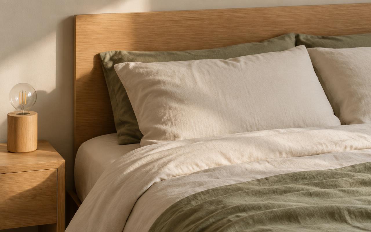 Primer plano de una cabecera sencilla con ropa de cama de algodón natural y una lámpara de madera