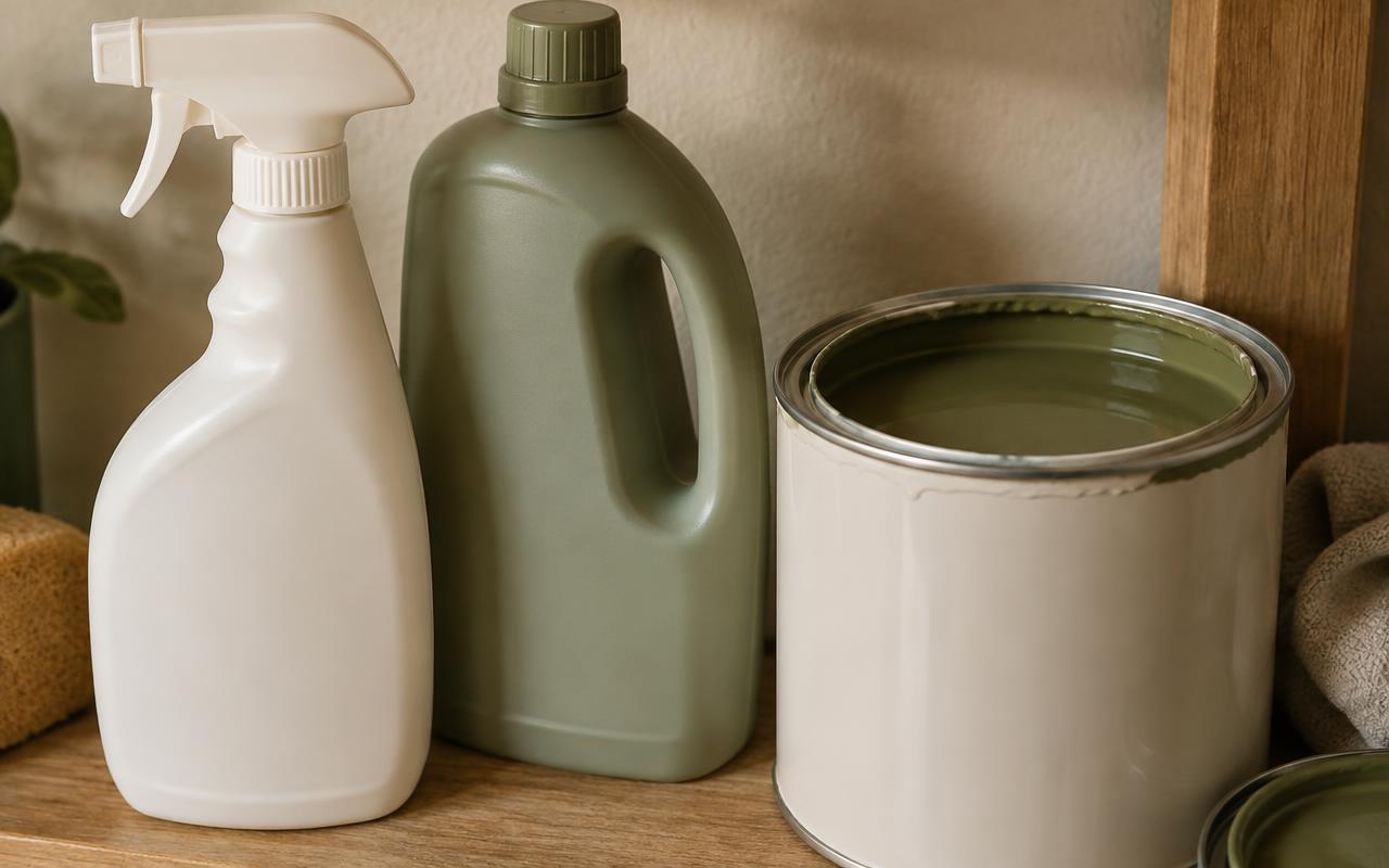 Primer plano de productos de limpieza neutros y un bote de pintura sin etiquetas