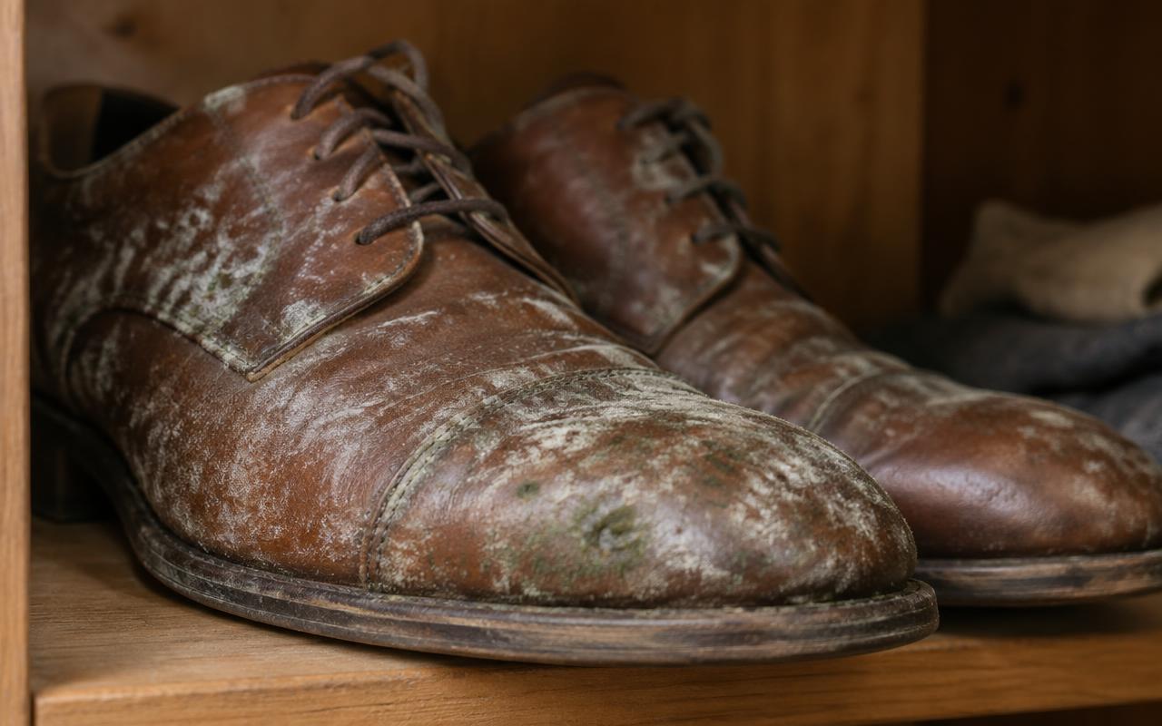 Primer plano de zapatos de cuero con moho blanquecino y verdoso dentro de un armario