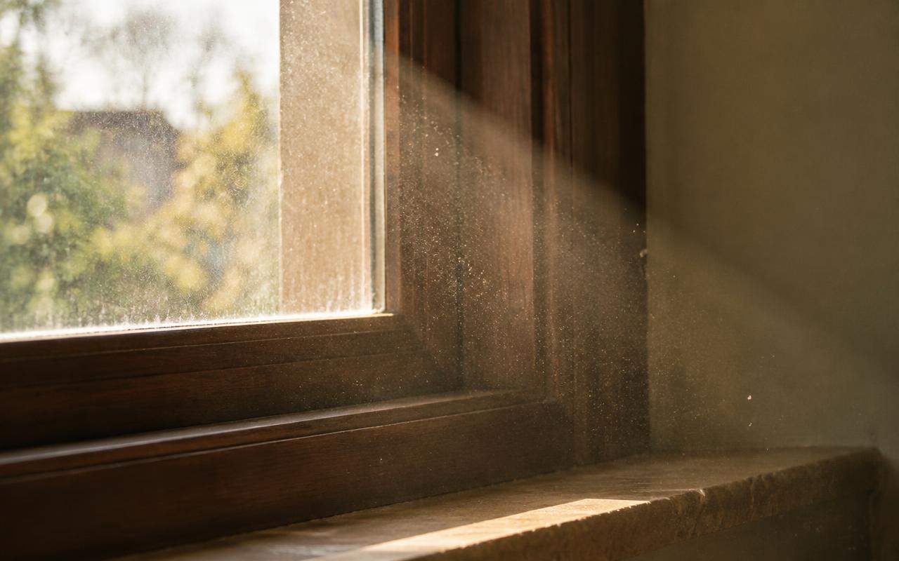 Primer plano de polvo en suspensión visible en un haz de luz junto a una ventana cerrada