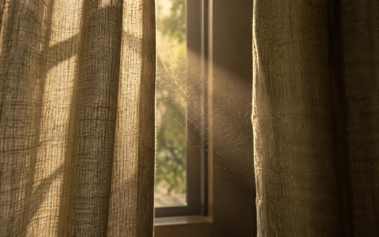 Primer plano de polvo en suspensión iluminado por la luz matinal entre cortinas de lino