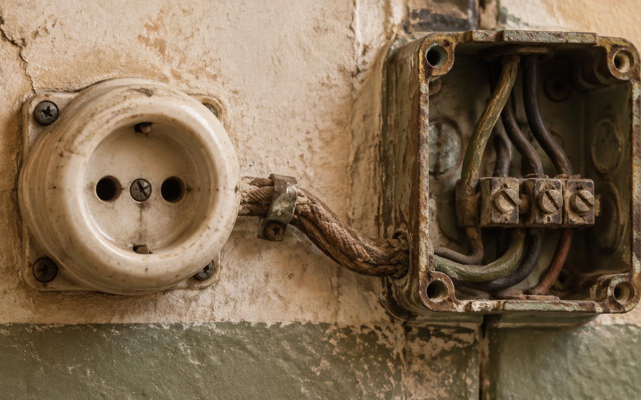 Primer plano de un enchufe antiguo con cableado de tela y una caja de registro vieja