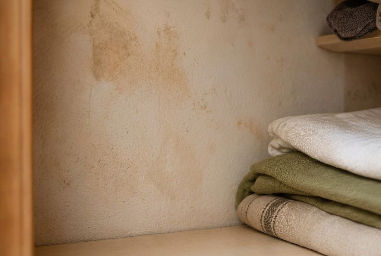 Primer plano de un armario con ropa limpia y un velo suave de humedad en la pared del fondo