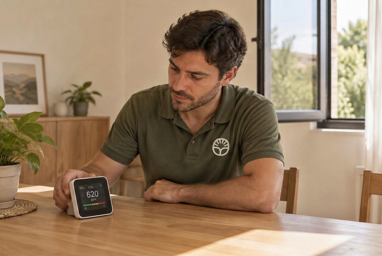 Técnico de Broto realizando una medición puntual de calidad del aire en una vivienda