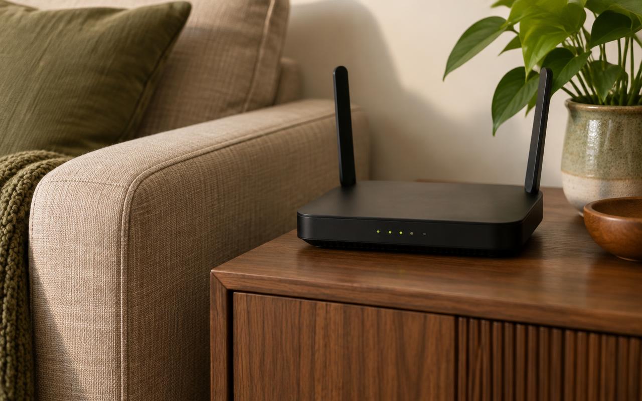 Primer plano de un router wifi sobre un mueble bajo junto a una butaca