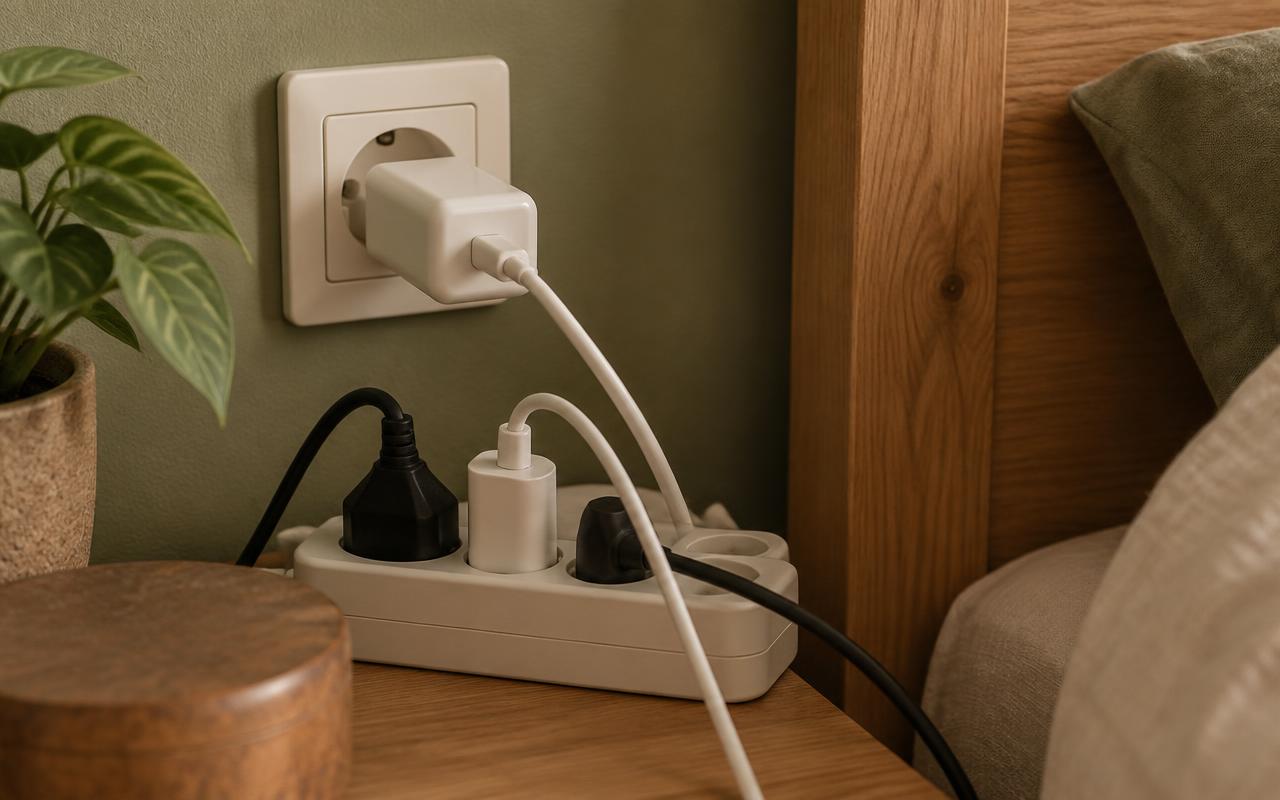 Primer plano de un enchufe, una regleta, cables y un cargador junto a una cabecera de madera