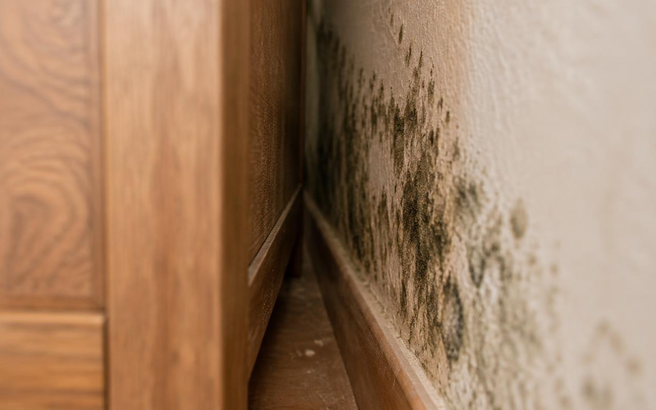 Primer plano del hueco detrás de un mueble de madera con moho oscuro en la pared