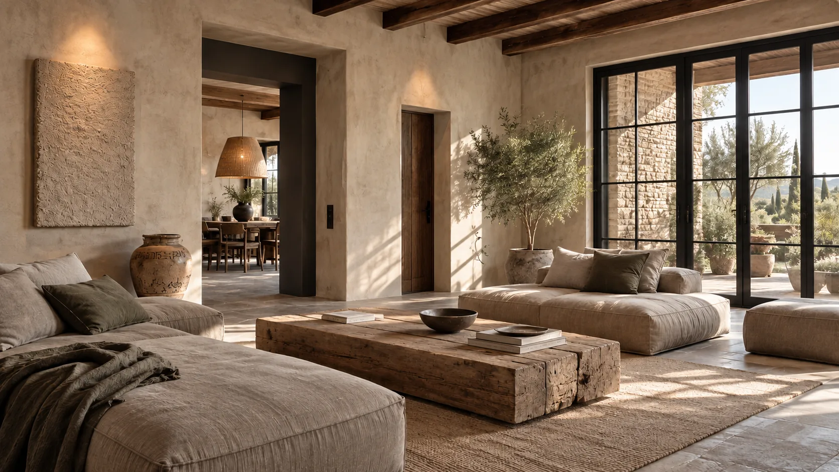 Salón con materiales naturales, luz y vegetación