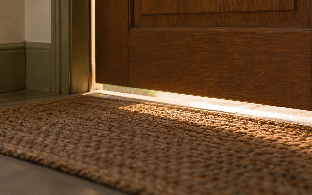 Primer plano de una puerta interior entreabierta con luz bajo la rendija y un felpudo