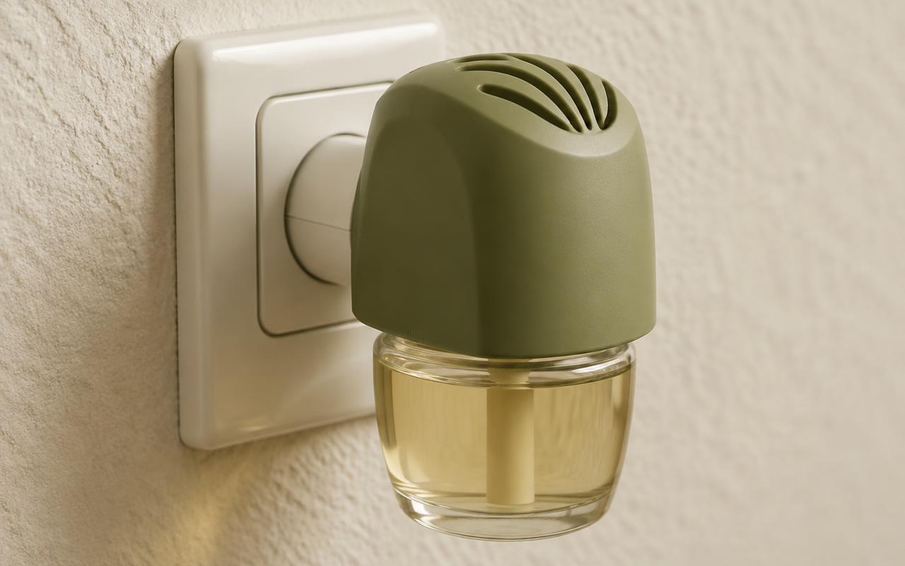 Primer plano de un ambientador eléctrico sin marca enchufado en una pared