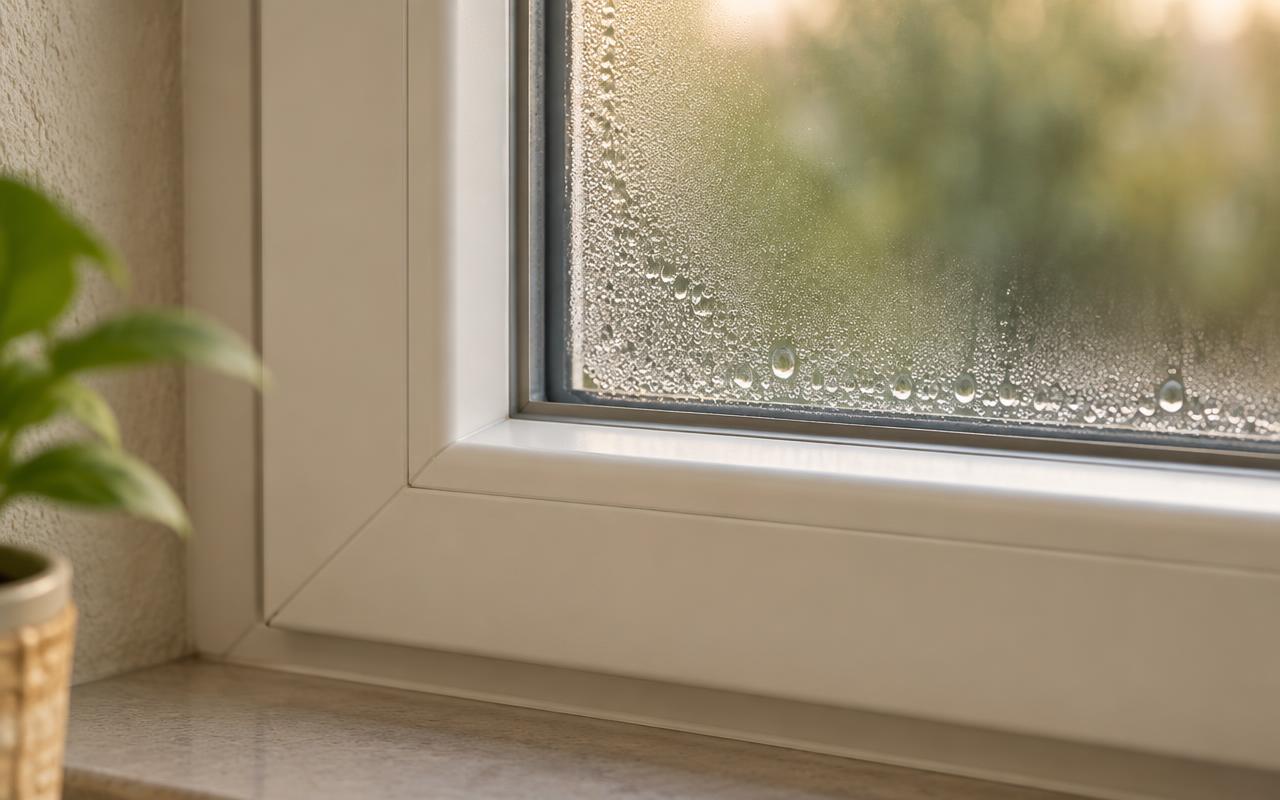 Primer plano de la junta sellada de una ventana nueva con vaho y gotas en el cristal