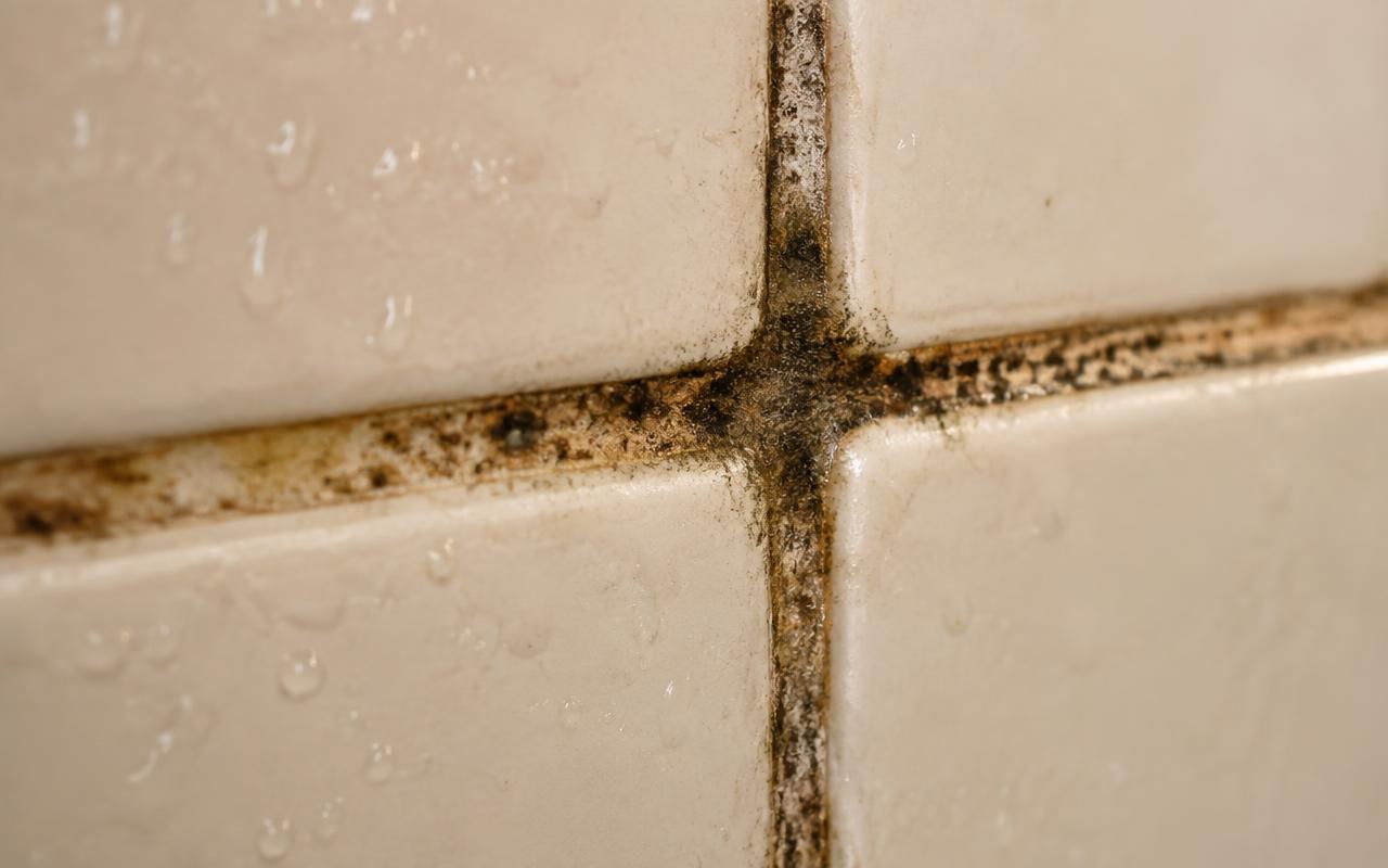 Primer plano de juntas de azulejos blancos ennegrecidas por el moho