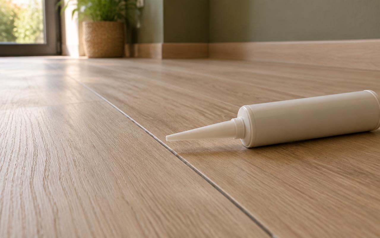Primer plano de un cartucho de sellador junto a la junta de un suelo laminado recién instalado