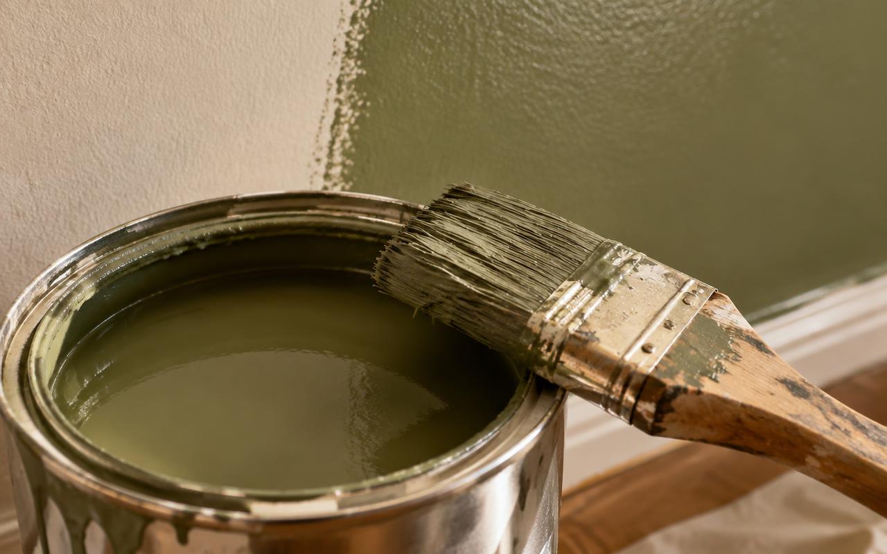 Primer plano de un bote de pintura abierto y una brocha junto a una pared recién pintada