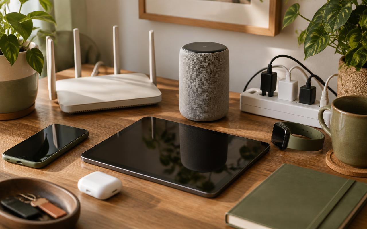 Primer plano de un escritorio con router, móvil, altavoz inteligente, tableta, cargadores y regleta