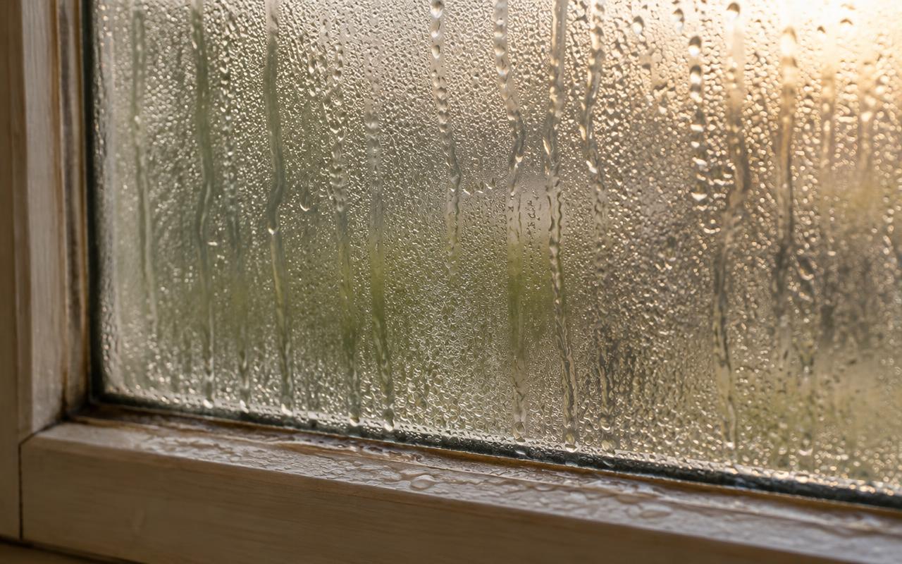Primer plano de una ventana empañada con gotas, regueros y humedad en el marco