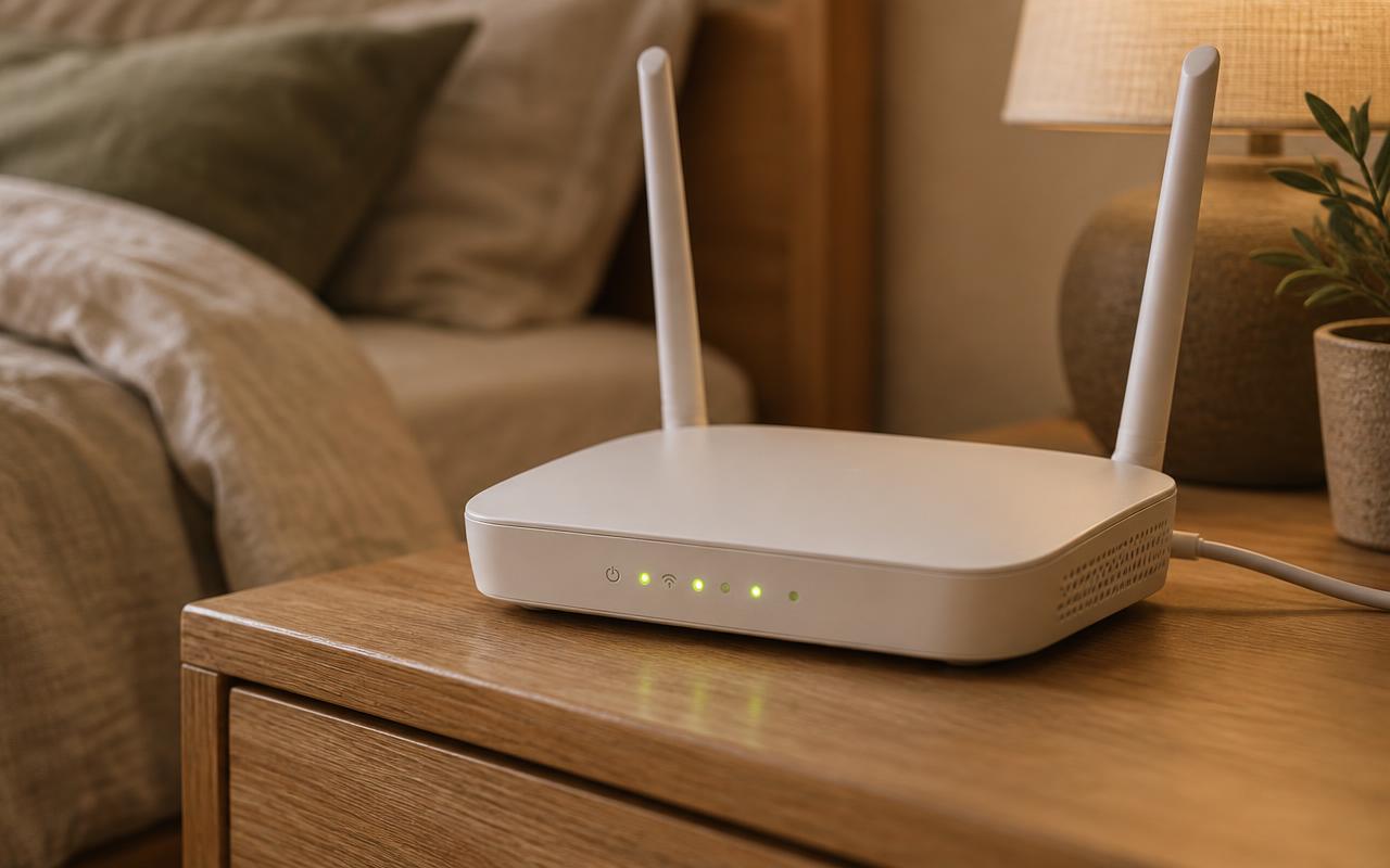 Primer plano de un router wifi con luces sobre una mesita de noche de madera