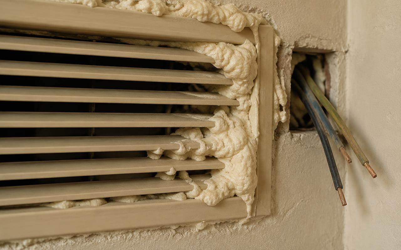 Primer plano de una rejilla parcialmente tapada con espuma y cables asomando de la pared
