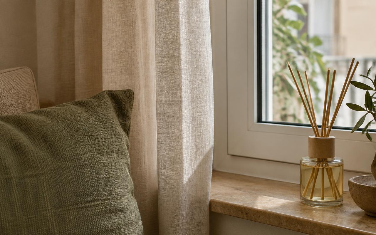 Primer plano de textiles y un difusor ambiental junto a una ventana cerrada