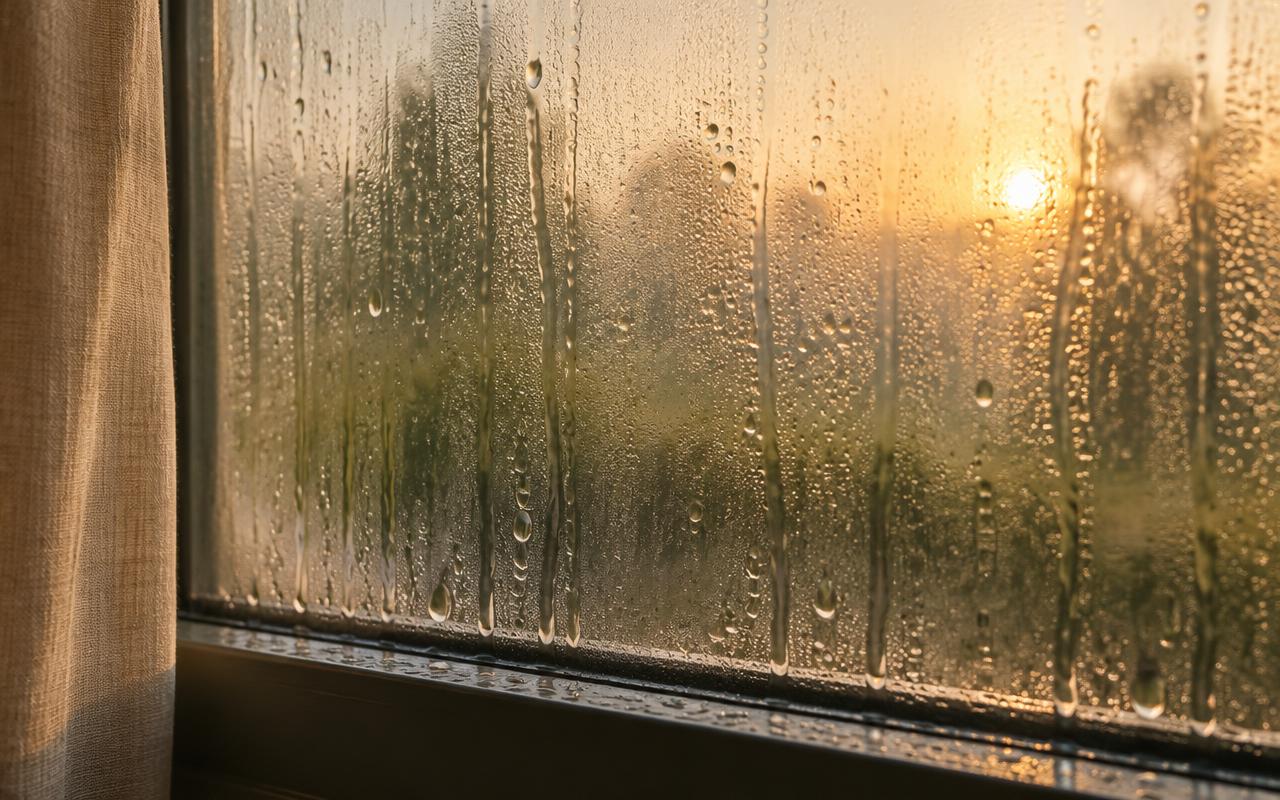 Primer plano de una ventana de dormitorio empañada con gotas junto a una cortina de lino