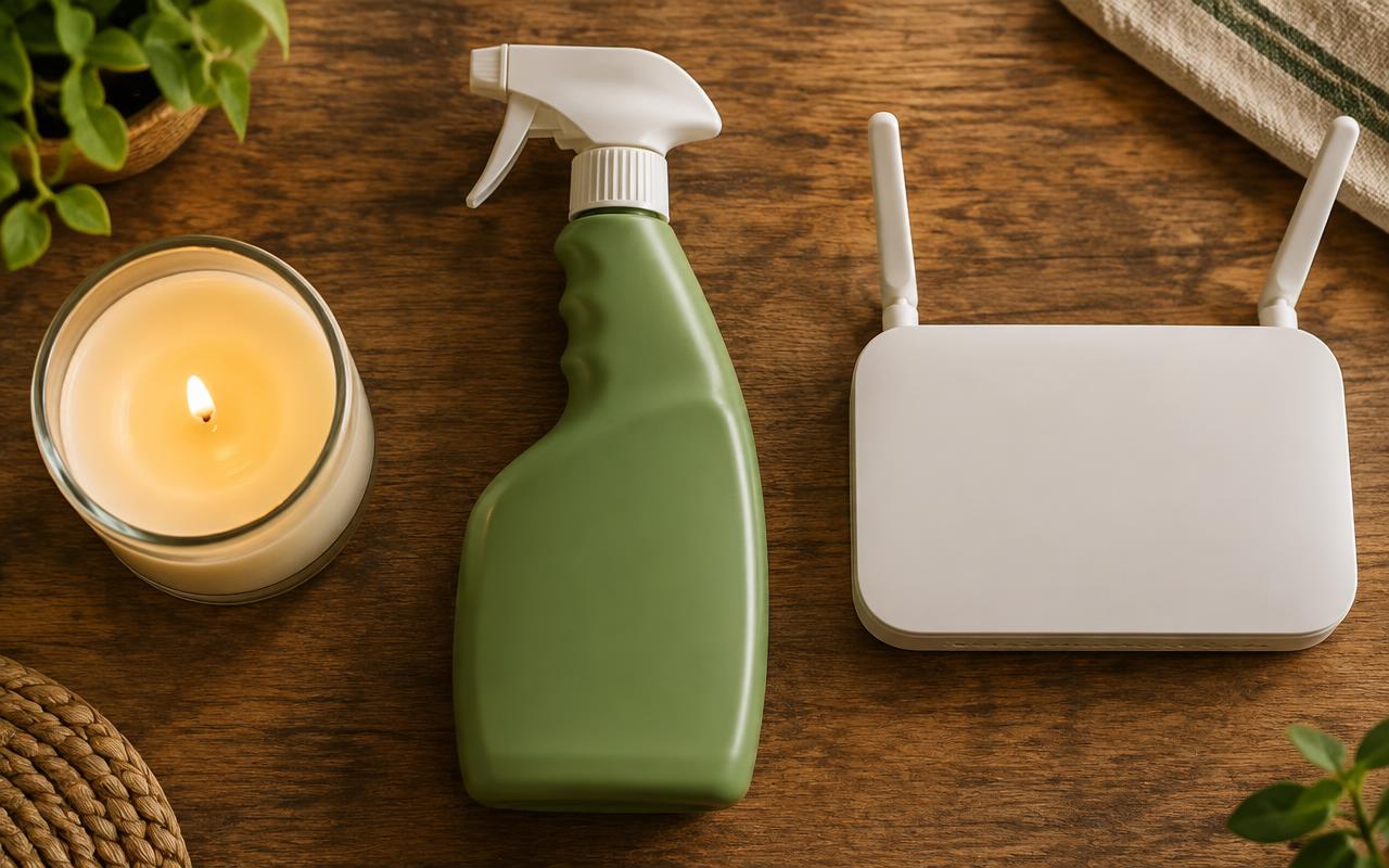 Primer plano de una vela, un producto de limpieza y un router sobre una mesa