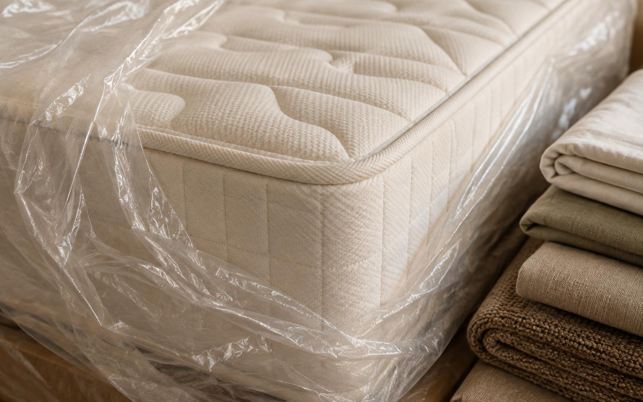 Primer plano de un colchón nuevo con el plástico a medio retirar y ropa de cama doblada