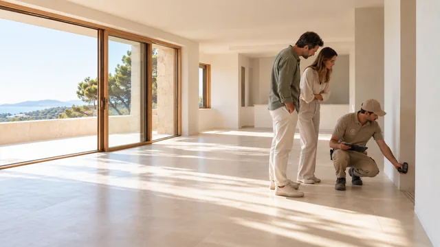 Técnico de Broto revisando una vivienda con una pareja antes de la compra