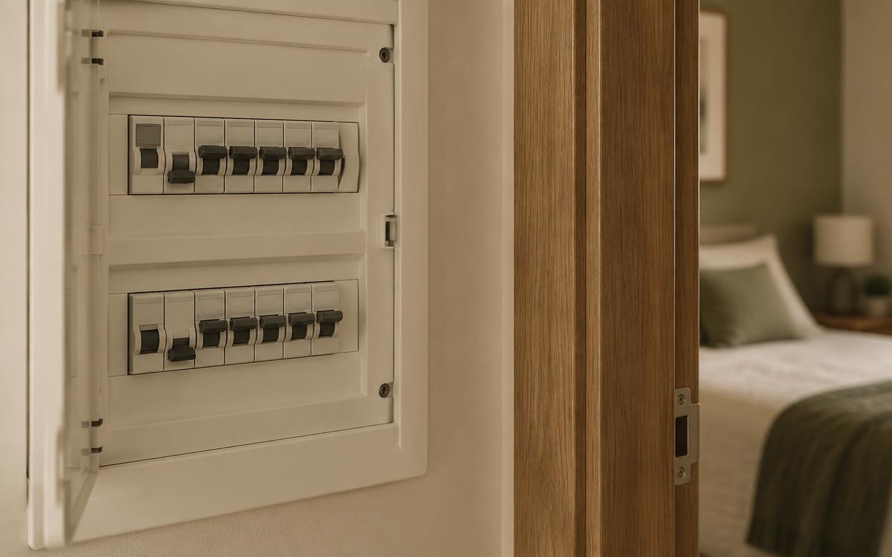 Primer plano de un cuadro eléctrico junto al marco de la puerta de un dormitorio