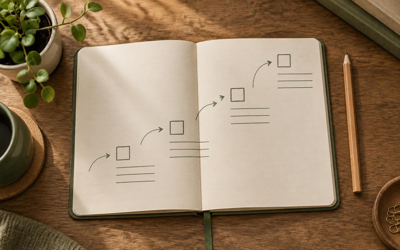 Primer plano de un cuaderno con casillas de tareas, un lápiz y una planta pequeña