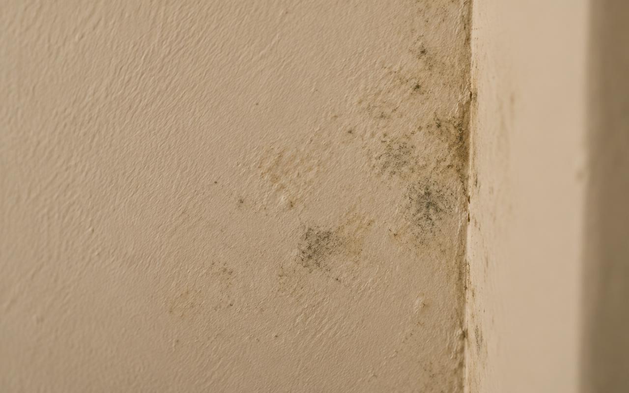 Primer plano de humedad y moho incipiente aflorando sobre una pared recién pintada