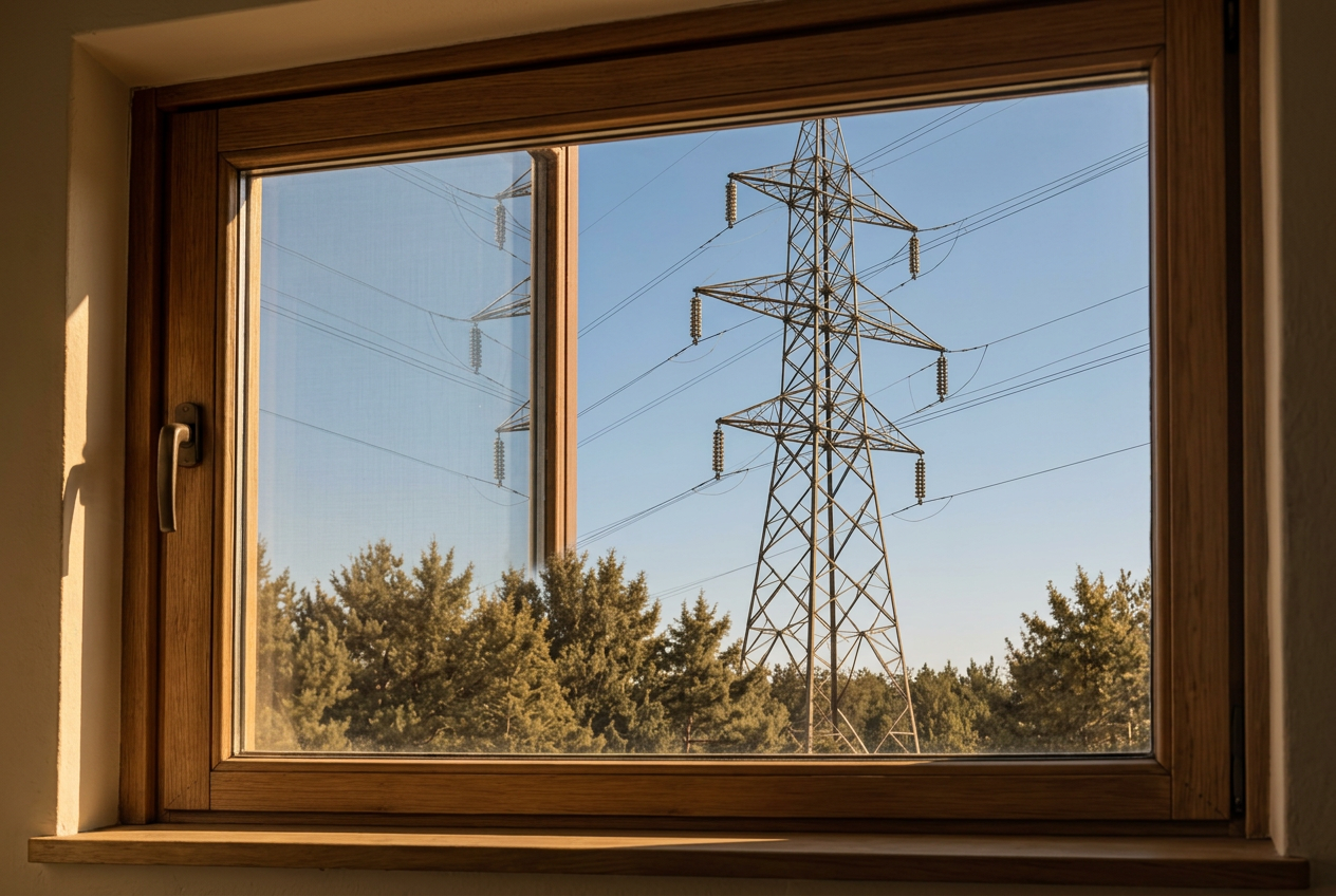 Torre y líneas eléctricas de alta tensión muy próximas a una vivienda, vistas desde el interior a través de una ventana